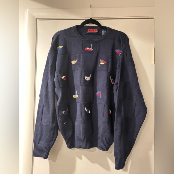 PIVOT RULES Vintage Navy Crewneck Golf Clubs Putters Cotton Sweater Men’s Medium - Picture 2 of 5